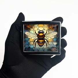 7 Days Chromed Shiny Silver Pill Organizer with Mirror Inside Has 8 Separate Compartments Rectangle 7 Days Pill Box Pill Case (Bee Stained Glass)