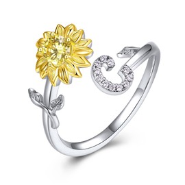 PEARLOVE 925 Sterling Silver Girls Letter Ring, Women's Sunshine Sunflower CZ Ring with Letters A-Z Open Ring Adjustable Size 6-12, Sterling Silver