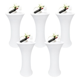 Nacuci 5PCS 24x43 Inch Round Fitted Cocktail Table Cover White Spandex Cocktail Table Cloth Highboy Fitted Tablecloth High Top Table Cloths for Party Pub Banquet Bistro