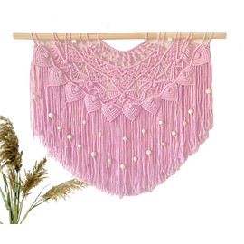 Youngeast Large Macrame Wall Hanging Boho Beaded Curtain for Window Macrame Bedroom Headboard Living Room Wall Art Tassel Tapestry Bohemian Woven Wall Decor 31" W X 25" H (Pink)