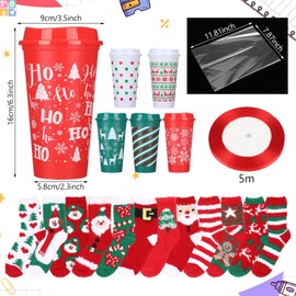 Pickmesh 40 pcs Funny Christmas coffee cup Fuzzy Socks set for Women Christmas Reusable Coffee Cup 16 oz Thank You Gifts Fun Cute Fluffy DIY Socks Winter Xmas Birthday Holiday Gifts Bulk