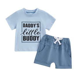 Xeadoffubio 2Pcs Toddler Baby Boys Summer Outfits Daddys Buddy/daddys Boy Letter Print Short Sleeve T-Shirts Tops Elastic Waist Shorts Baby Boy Summer Clothes Set (Blue, 6-12 Months)