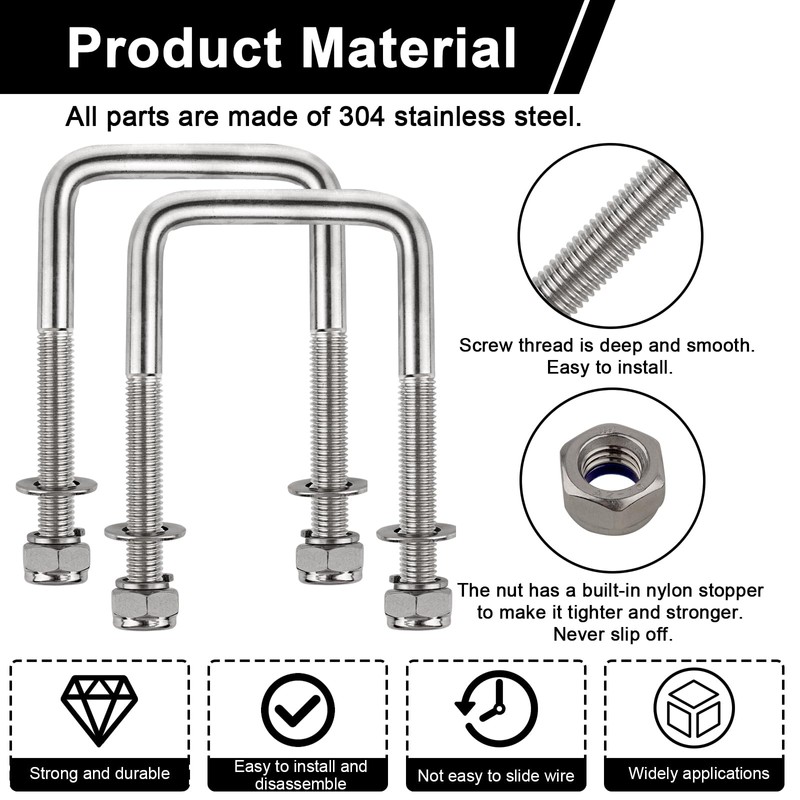 4 Sets 304 Stainless Steel Square U-Bolt Kits, Heavy Duty