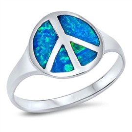 CloseoutWarehouse Peace Sign Haight Ashbury Hippie Blue Simulated Opal Ring 925 Sterling Silver Size 10