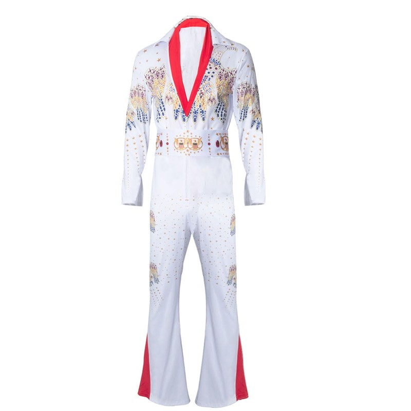 LVLING Mens 70s Aloha Costume Vegas Rock Star Jumpsuit (White,
