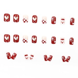 24pcs Christmas Red Nails, Short False Nails Red Checkered Press on Nails White Snowflake Santa Clause Fake Nails Glitter Gold Heart Stick on Nails Removable Glue-on Nail Tips Women Nail Accessories