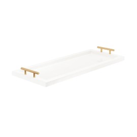 Kate and Laurel Halsey Rectangle Decorative Narrow Tray with Gold Metal Handles, 24 x 10, White and Gold, Modern Glam Slim Serving Tray with Handles for Living Room Decor