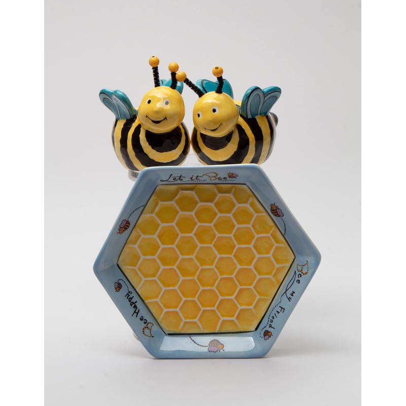 Appletree 2-Inch Ceramic Bee Salt and Pepper with Honeycombed Tray,