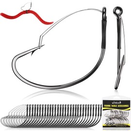 30PCS Wacky Rig Hooks Weedless Hooks Wacky Worm Hooks Weedless Fishing Hooks for Bass Fishing Wide Gap Hook for Ne-ko Rig No Sinker Rig Bass Hooks Size #1