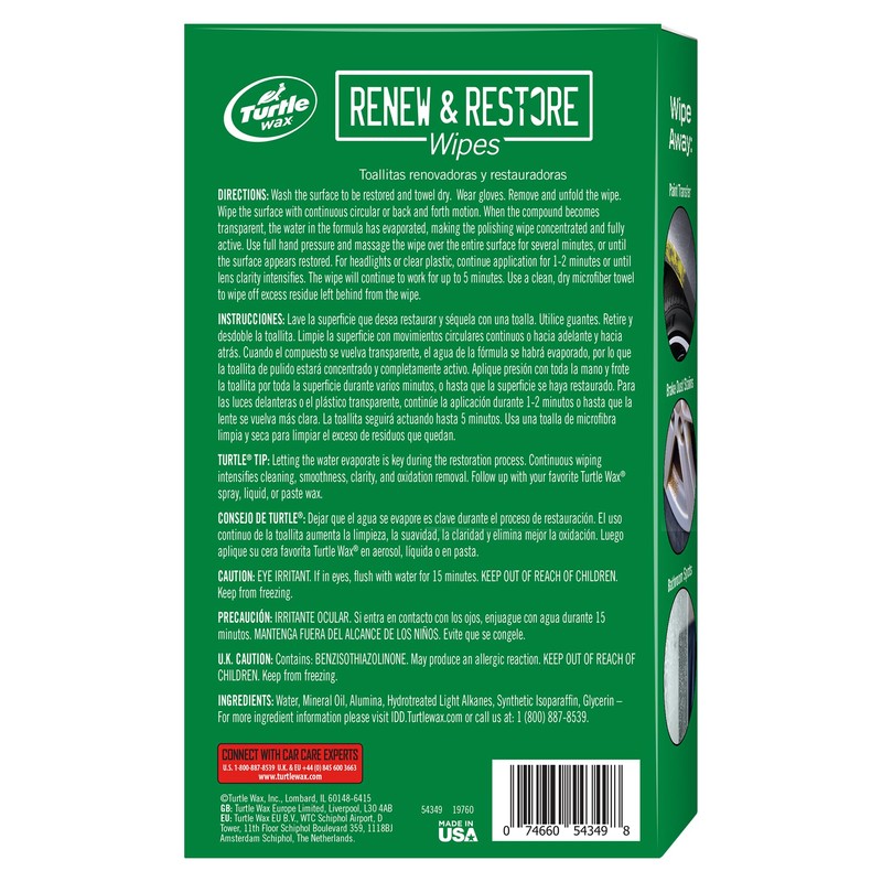 Turtle Wax 54349 Renew and Restore Wipes, Car Paint Scratch