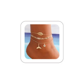 Fanquility 3Pcs Layered Ankle Bracelets for Women 14k Gold Plated Beach Waterproof Layered Cuban Figaro Anklets Set Stackable Foot Jewelry Gift Gold Anklets for Women