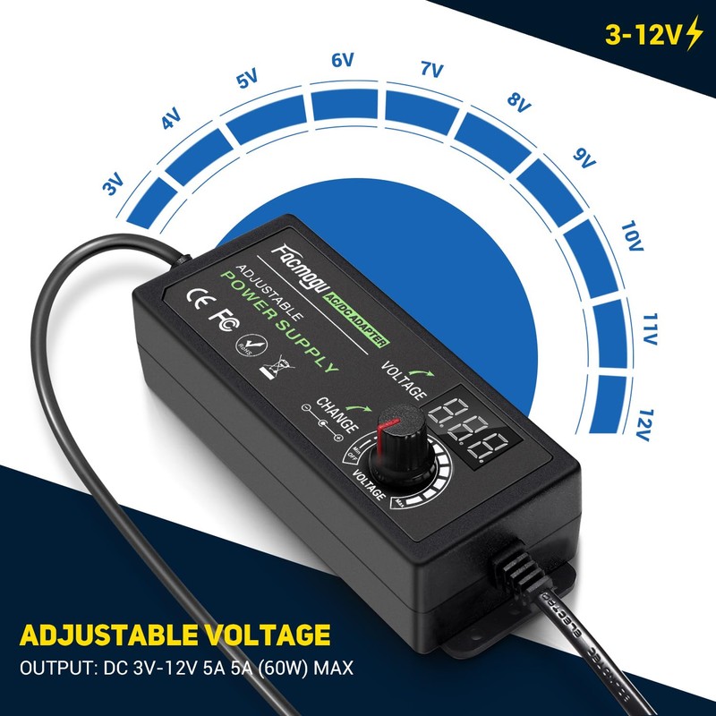 Facmogu 3V-12V 5A 60W Adjustable Power Supply with LED Display,
