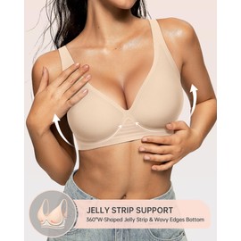 OEAK Womens Deep V Bras Wireless Comfortable Bra Supportive No Underwire Bras Tshirt Push Up Bralettes Plunge Seamless Bra Beige