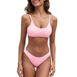 Fanuerg Women's Ribbed Bikini Sets Scoop Neck Cheeky Swimsuit Textured Two Piece Bathing Suit Light Pink S