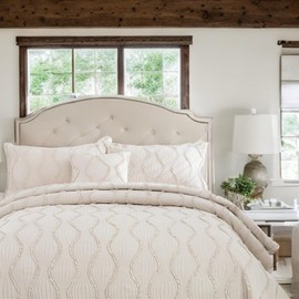 DaDa Bedding Charming French Country Tufted Cotton Bedspread - Ivory Tan Beige Hourglass Wavy Ruffles Elegant Lightweight Quilted Coverlet w/Pillow Shams Set - Queen - 3-Pieces