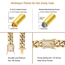 PY BLING Heavy Stainless Steel Miami Cuban Link Bracelet 8mm-16mm 14k Real Golden Plated with Lab Diamond Clasp Premium Hip Hop Jewelry For Men Women with Gift Box (8mm,7.5in)