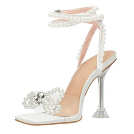 Yolkomo Women's White Pearl High Heeled Sandal (8.5) - Clear Stiletto, Square Toe, Ankle Strap, Rhinestone, Ideal for Weddings & Special Occasions
