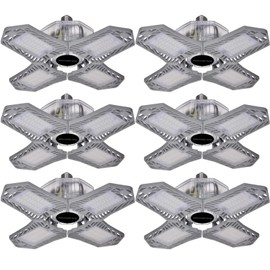 150W Garage Lamp Deformable, Retractable 4 Leaf Ceiling Light Fixtures E26/E27, 15000Lm 6500K Cold White Workshop Lights for Factory Parking Warehouse Basement Workbench Workshop, 6 Pack