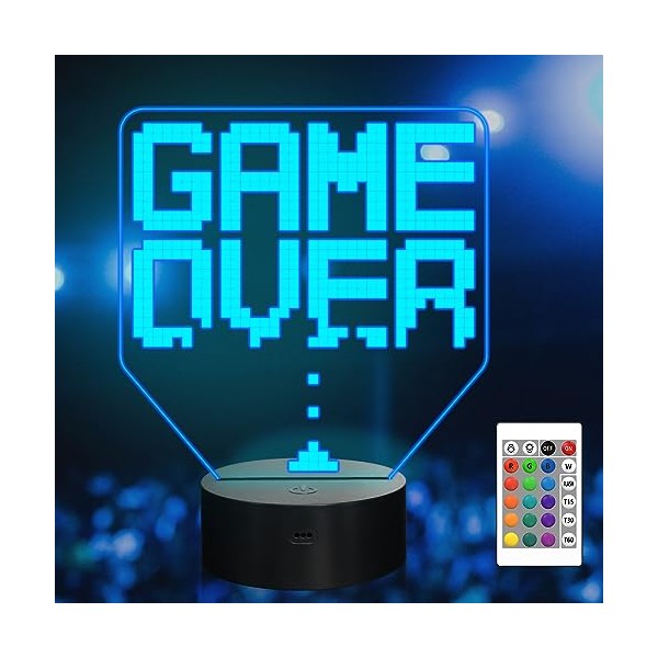 Attivolife Game Over Pixel Light, 3D Optical Night Lamp with Remote +Timer 16 Color Changing, Kids Bedside Lamp Gamer Room Decor Plug in Best Cool Festival Birthday Gifts for Boys Girls Teen
