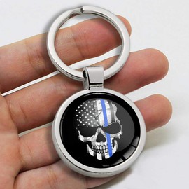 Biomar Labs® KK 263 Metal Keyring Car Key Ring with Gift Box Metal Keyring Stainless Steel Skull Emblem USA Flag Thin Blue Line, silver