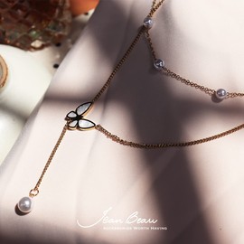 Gold Delicate Butterfly Drop Y Pearl Necklace - Double Layered Dainty Station Chain for Women - Simple Elegant White Marble Shell Butterfly Wings Bridal Bridesmaid Wedding Jewelry Gifts