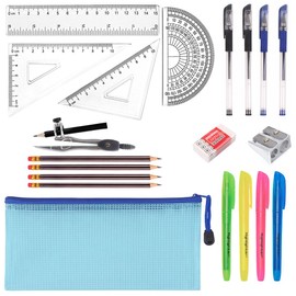 Belegao 20pcs Stationary Set, Maths Set Back to School Supplies Rulers, Pencils, Pens, Highlighters, Eraser, Metal Sharpener, Compass, Pencil Case for Primary Secondary Classroom, Home, Office