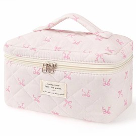 Large Travel Quilted Makeup Bag，Cute Bow Cotton cosmetic bag, Fashionable aesthetic makeup bag,Coquette Aesthetic Floral Travel Toiletry Bag for Women and Girls