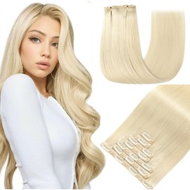 GUDOZO Clip-In Real Hair Extensions, 7 Pieces, 60 cm, 120 g, Bleach Blonde Invisible Clip Extensions, Skin Weft Hair Extensions (24 Inches, 60#)