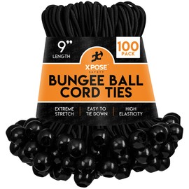 Xpose Safety Bungee Ball Cords 9" 100 Pack Heavy Duty Black Stretch Rope with Ball Ties for Canopies, Tarps, Walls, Cable Organization