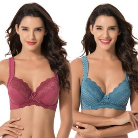 Curve Muse Plus Size Unlined Underwired Lace Bra, with Padded Shoulder Straps, Pack of 2