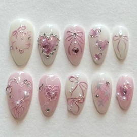 24Pcs Almond Press on Nails Medium Fake Nails with Love Stars Bow Pearl Designs Rhinestones Glue on Nails White Pink Full Cover Acrylic False Nails Glossy Artificial Stick on Nails for Women Girls