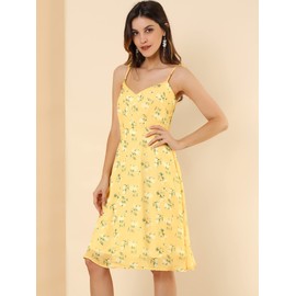 Allegra K Women's Floral Sundress Summer 2025 Easter Tie Shoulder Smocked Spaghetti Strap Dress Large Yellow