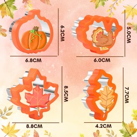 KAISHANE Thanksgiving Cookie Cutters,4 Pieces Stainless Steel Sandwich Cutters with Comfort Grip,Fall Holiday Biscuit Cutter Set for Thanksgiving Baking-Pumpkin,Maple Leaves,Turkey,Leaves