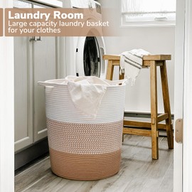 INDRESSME Large Rope Basket - Tall Laundry Basket Hamper for Dirty Clothes Woven Jute Storage Basket for Blanket in Living Room Toy Basket for Nursery Storage, 17¾ x 15¾ x 13¾ inches