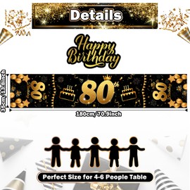 80th Birthday Table Runner Black Gold 72 Inch Long Happy 80th Birthday Table Runner for 80 Years Old Men Women Celebrate Birthday Anniversary Party Decor Non-Slip Dining Table Linen Cloth Decorations