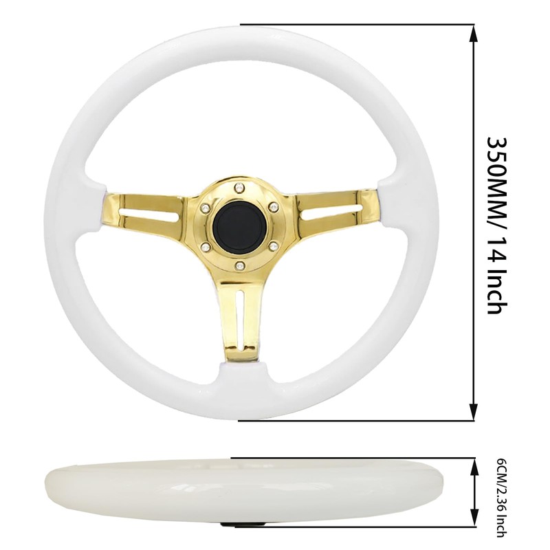 Universal 14" White Wood Steering Wheel Gold Spoke 6 Bolts