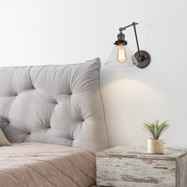 LALUZ Black Glass Wall Sconces Lighting, Modern Industrial Swing Arm Plug in or Hardwired Adjustable Wall Lamp with Brushed Silver Finish for Bedroom, Kitchen, and Living Room