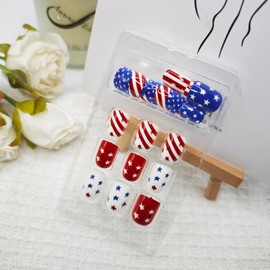 4th of July Press on Nails Short Square Fake Nails Stars and Stripes False Nails Glossy Acrylic Nails with Patriotic Designs Stick on Nails for Women Girls Independence Day Party Parade Nail Art