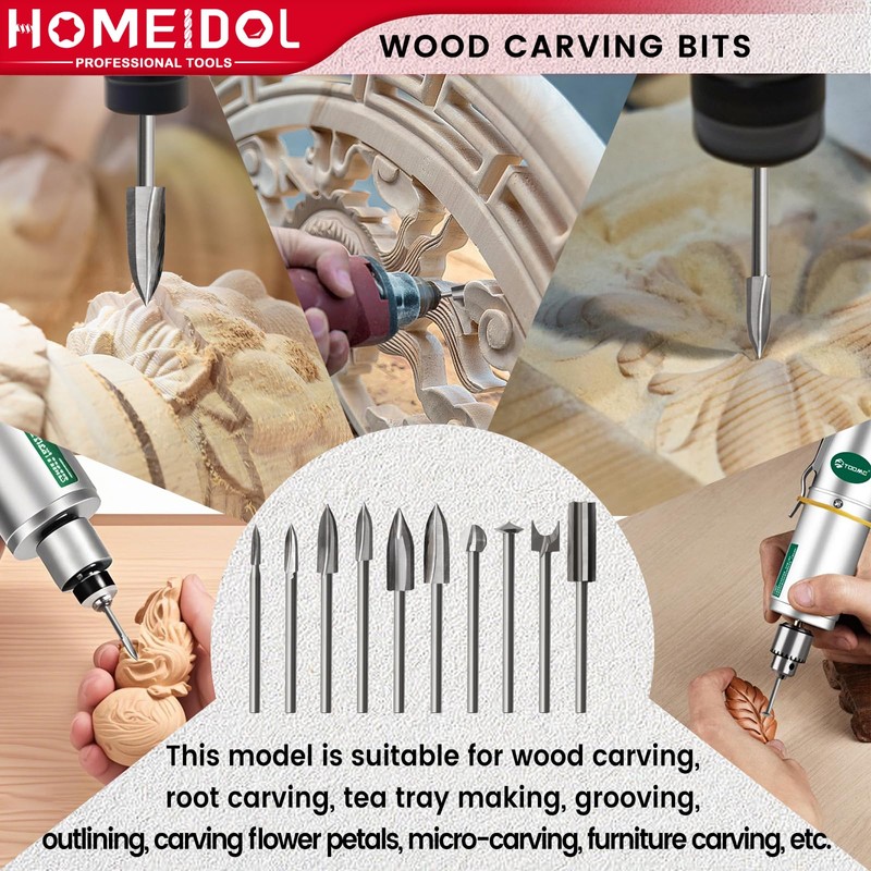 10PCS Wood Carving Drill Bits Set, HOMEIDOL 1/8" Shank Wood