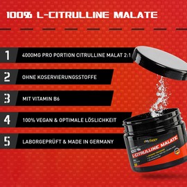MySupps-100% L-Citrullin Malate, hochdosierte Aminosäure-L-Citrullin, 4000mg Citrullin Malate pro Portion, extra Portion Vitamin B6, veganer Pre Workout Booster, Made in Germany- 250g Pulver