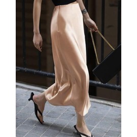 Zeagoo Satin Skirts for Women High Waist Silk Midi Skirts Casual A Line Zipper Skirt Cracker Khaki XL