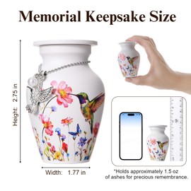 Mini Keepsake Urn for Small Portion of Human Ashes | Small Memorial Urn for Women | Funeral Burial Urn with Rhinestone Hummingbird Charm | Floral Decorative Urn for Home and Loved One