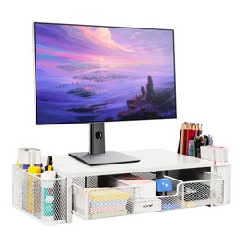 Qupui Computer Monitor Stand Riser with Drawer and Pen Holders, Desk Organizer Shelf and Accessories, Office Desk Accessories, Office Organization, White