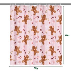 Christmas Shower Curtain Set: Pink Cute Gingerbread Man Candy Cane Bathroom Shower Curtain with Hooks, Winter Merry Christmas Fabric Bath Shower Curtain for Bathroom Decorations Home Indoor Decor