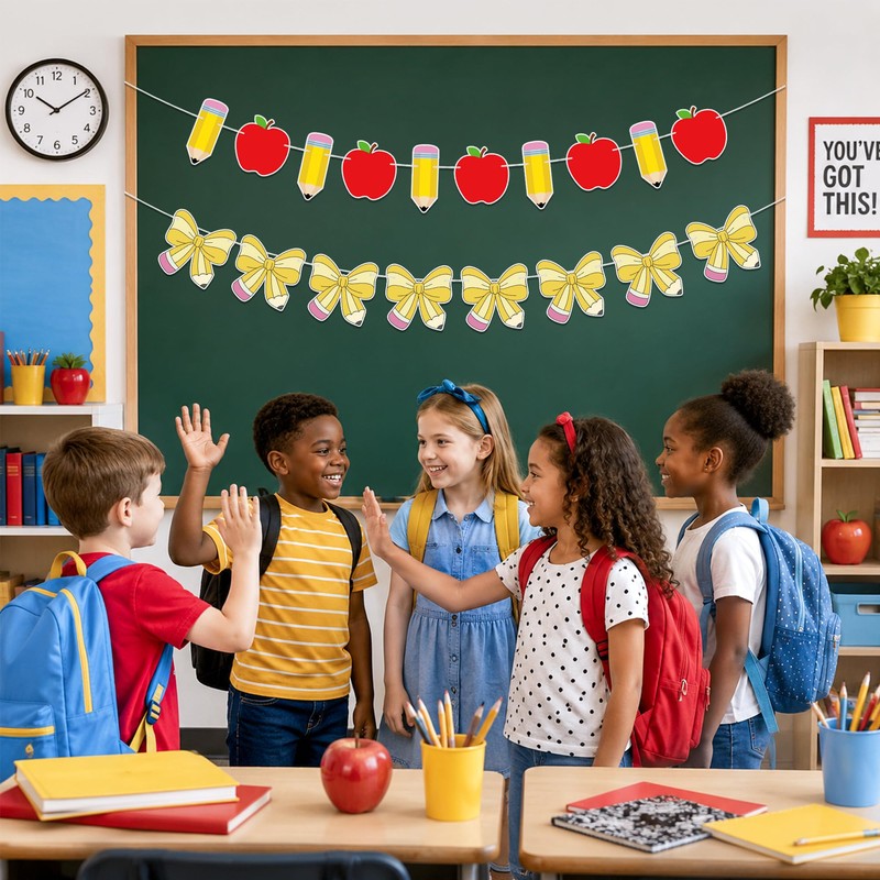Back to School Decorations, Pencil Apple Bow Banner Garland NO