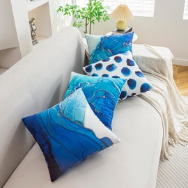 TOMMO Set of 4 Cushion Covers 45x45cm Navy Blue Marble Dots Sea Texture Abstract Fluid Gold Silver Pillow Covers Soft Velvet Home Decor Standard Square Cushion Covers 18x18 Inches