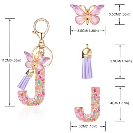 QUKE Alphabet Initial Letter Keychain Purple Tassel Butterfly Pendant Resin Keyring for Purse School Bag Women Girls - J