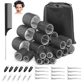 Hair Rollers with Clips, 50PCS Hair Rollers Set with 24 Roller (6 Jumbo, 6 Large, 6 Medium, 6 Small), Jumbo Hairs Rollers for Long Medium Short Hairs DIY Hairdressing(Black)