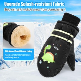 MoKo Children's Ski Gloves, Winter Mittens Gloves, Windproof, Waterproof Sports Gloves for Skiing, Cycling, Snowboarding, Outdoor Activity for Boys and Girls, 2-4 Years, S, Black/Dinosaur