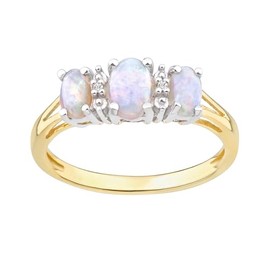 Old English Jewellers 9ct Yellow Gold on Silver Natural Opal & Diamond Trilogy 3 Stone Ring size J - V (L)